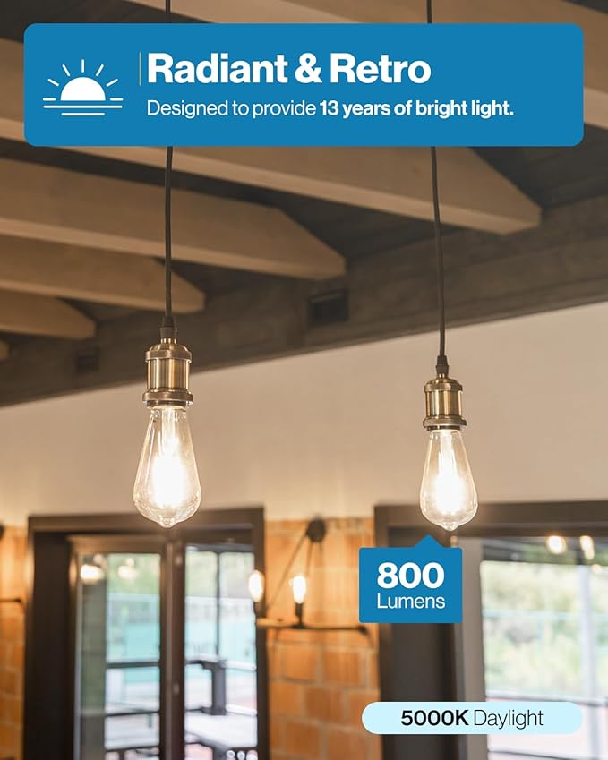 Sunco 50 Pack Edison Bulbs LED ST64, Clear Vintage Filament Waterproof Bulb, 800 LM, 8W (60W Equivalent), ST19, 5000K Daylight, E26 Medium Base, Decorative Dimmable UL