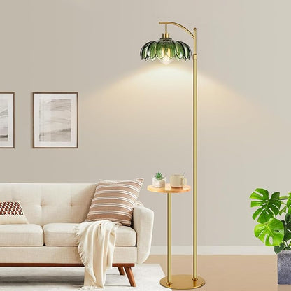 Glass Floor Lamp with Table and Shelves for Living Room Bedroom,Gold Standing Lamp with Remote Dimmable,Boho Brass Tall Lamp Vintage Farmhouse Arc Green Flower Floor Light Bohemian