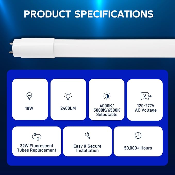 hykolity 20 Pack 3CCT 4FT LED T8 Hybrid Type A+B Light Tube, 18W, 4000K/5000K/6500K Selectable, Plug & Play or Ballast Bypass, Single or Double End Powered, 2300lm, T8 T10 T12, 120-277V, UL, FCC