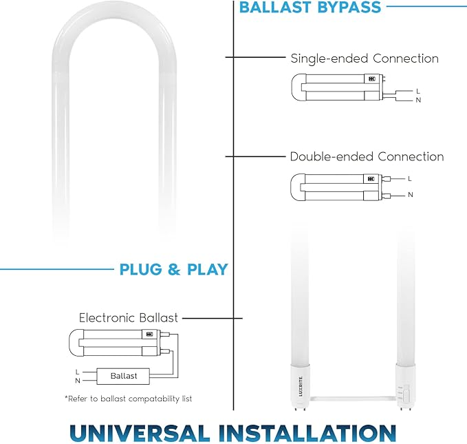 Luxrite U Bend LED Tube Light, T8 T12, 17.5W (32W Equivalent), 3 Colors 3500K | 4000K | 5000K, 2100 Lumens, Fluorescent Light Tube Replacement, Direct or Ballast Bypass, UL Certified, G13 Base, 2-Pack
