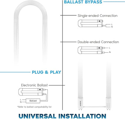 Luxrite U Bend LED Tube Light, T8 T12, 17.5W (32W Equivalent), 3 Colors 3500K | 4000K | 5000K, 2100 Lumens, Fluorescent Light Tube Replacement, Direct or Ballast Bypass, UL Certified, G13 Base, 4-Pack