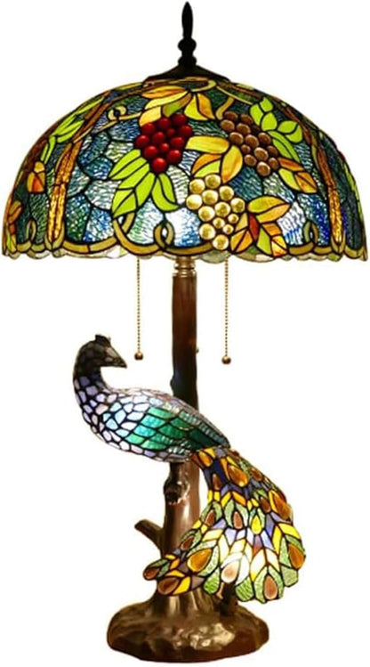 Large Tiffany Table Lamp 18" Wide Handmade Stained Glass Lamp Shade 3 Light Peacock Style Vintage Desk Light for Living Room Bedroom Bedside Reading Light,Grape