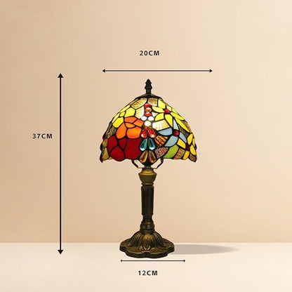 Vintage Tiffany Table Lamp Red Yellow Rose Stone Drop Decor 8" Shade Small Retro 14.6" Tall Bedroom Nightstand Bedside Desk Light Flower Pattern