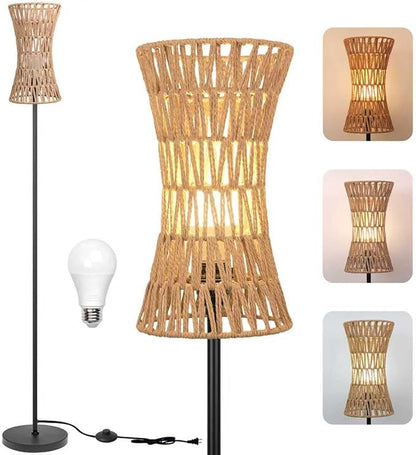 Floor Lamp for Living Room,Farmhouse Floor lamp,Modern Standing lamp with Hand-Worked Rattan Shade (Slim Waist Rattan Shade-3 Color Bulb)