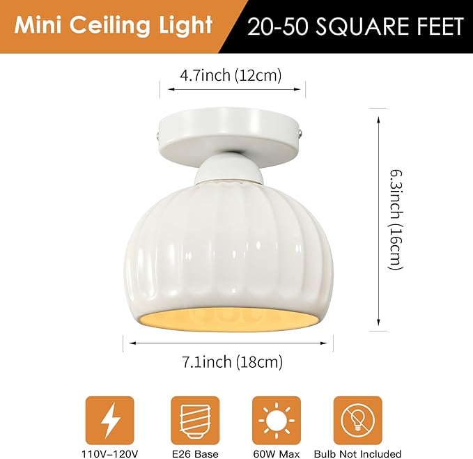White Semi Flush Mount Ceiling Light - 2 Pack, Glaze Ceramic Vintage Hallway Light Fixtures, Milk White Globe Ceiling Lights, Mid Century Small Light Fixture for Cottage Entryway Laundry Room Foyer