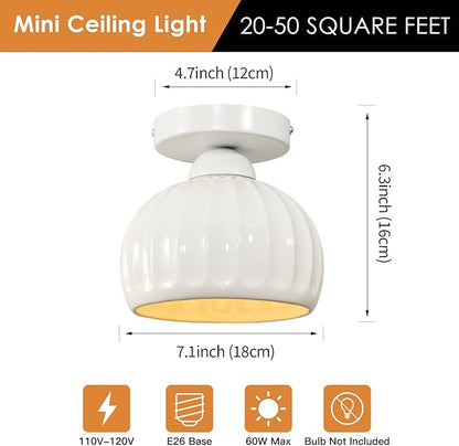 White Semi Flush Mount Ceiling Light - 2 Pack, Glaze Ceramic Vintage Hallway Light Fixtures, Milk White Globe Ceiling Lights, Mid Century Small Light Fixture for Cottage Entryway Laundry Room Foyer