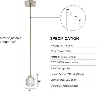 1-Light Teardrop Crystal Pendant Light, Mini LED Crystal Globe Hanging Light Fixture, Modern Ceiling Pendant Lighting for Kitchen Island Dining Room Bedroom Bar 3000K 8W Brush Nickel