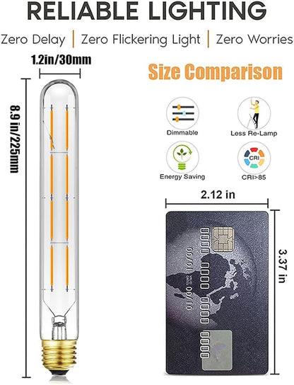 E26 Tubular Led Bulb 8W T10 Dimmable Long Light Bulbs 75 Watt E26 Medium Base 2700k Warm White Edison Lights Bulbs 8.9Inches,6Pack.