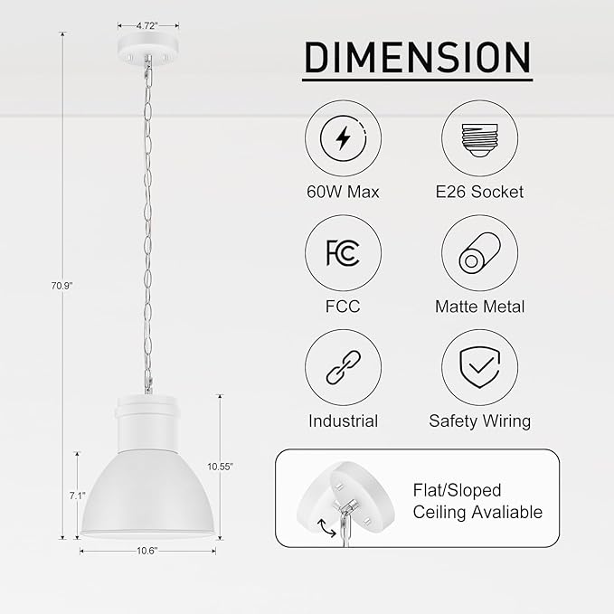 BoostArea White Pendant Lights Kitchen Island, 10.6" Large Metal Shade and 70.9'' Adjustable Height, Modern Pendant Lighting Fixtures,Farmhouse Hanging Pendant Light for Kitchen Island/Bar,No E26 Bulb