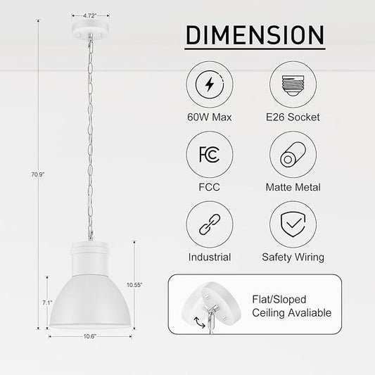 BoostArea White Pendant Lights Kitchen Island, 10.6" Large Metal Shade and 70.9'' Adjustable Height, Modern Pendant Lighting Fixtures,Farmhouse Hanging Pendant Light for Kitchen Island/Bar,No E26 Bulb