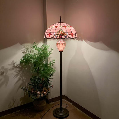 Bieye L10897 Baroque Tiffany Style Stained Glass Double Lit Floor Lamp for Home Decor (Pink, 20-inch Wide)