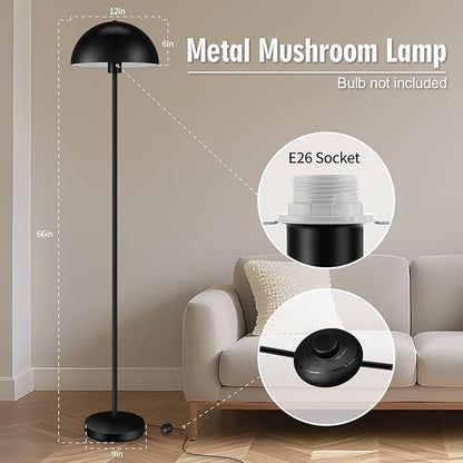 Industrial Floor Lamp, Floor Lamp for Living Room, 66Inch Tall Modern Standing Lamp, Black Stand Up Lamp with Metal Dome Shade, Mid Century Corner Reading Lamp for Bedroom Office Nursery Room, NO BULB
