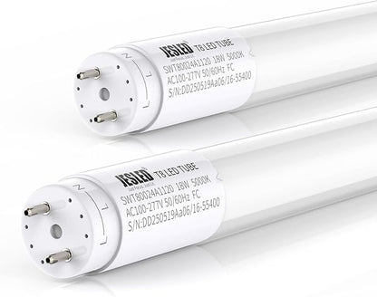 JESLED 2 Pack 4FT T8 LED Bulbs, 18W 2400LM 5000K Led Tube Light, Plug and Play or Ballast Bypass, Hybrid Type A+B T10 T12 Fluorescent Bulbs Replacement, Single or Double End Powered, ETL