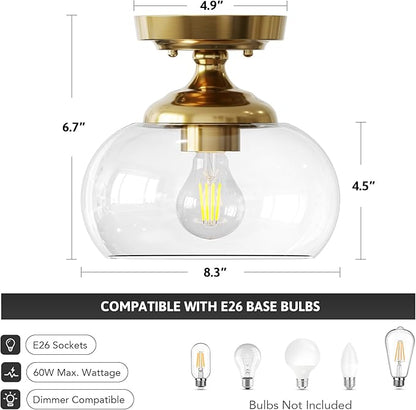 VONLUCE Industrial Semi Flush Mount Ceiling Light, 8.3" Ceiling Light Fixture with Clear Glass Shade, Farmhouse Lighting for Hallway Kitchen Bedroom Entryway, Brushed Gold Flush Mount Light Fixture