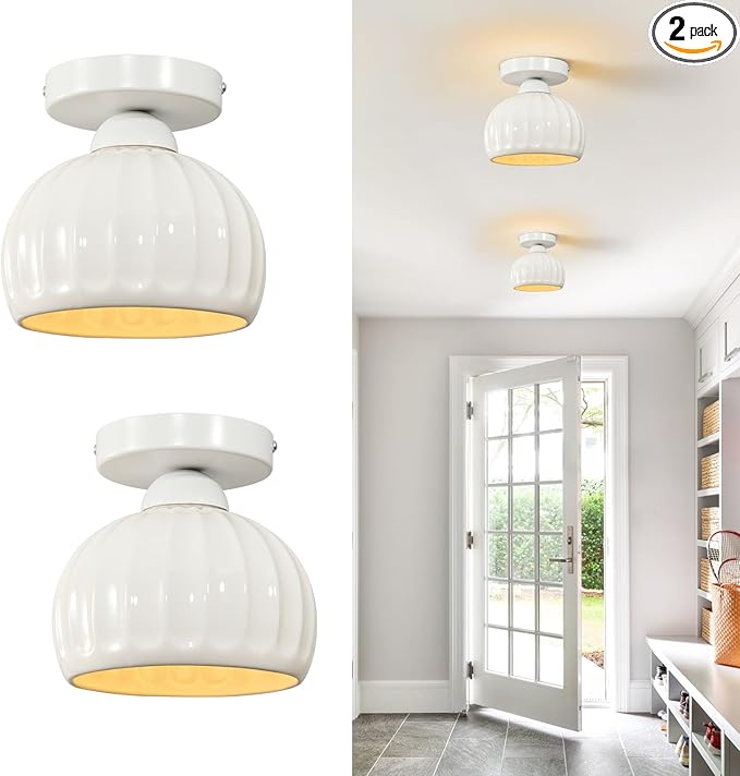White Semi Flush Mount Ceiling Light - 2 Pack, Glaze Ceramic Vintage Hallway Light Fixtures, Milk White Globe Ceiling Lights, Mid Century Small Light Fixture for Cottage Entryway Laundry Room Foyer