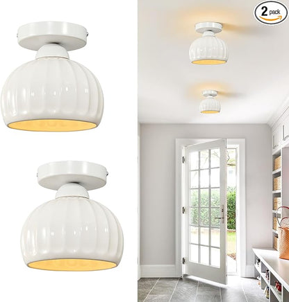 White Semi Flush Mount Ceiling Light - 2 Pack, Glaze Ceramic Vintage Hallway Light Fixtures, Milk White Globe Ceiling Lights, Mid Century Small Light Fixture for Cottage Entryway Laundry Room Foyer