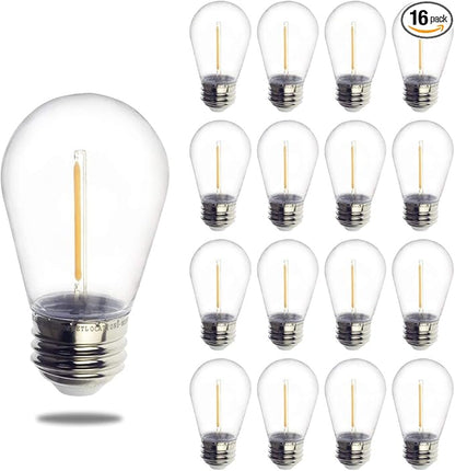 Jslinter S14 1W Outdoor String Lights Bulbs LED, Shatterproof & Waterproof, 2200K Warm White, 11W Equivalent, E26 Base, Edison Vintage Style Replacement for Patio Garden, 16-Pack