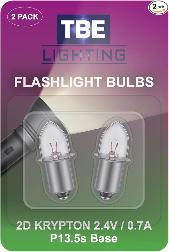 TBE LIGHTING Replacement 2D 2.4 Volt, 0.7A Bayonet Base P13.5 Krypton Flashlight Bulbs, Pack of 2 Energy efficient Flashlight Krypton Bulbs to fit a Standard 2D Torches