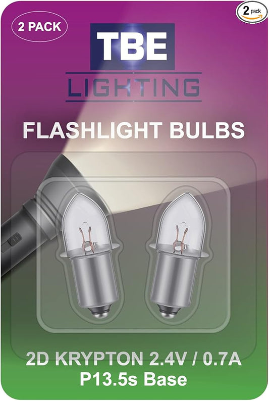 TBE LIGHTING Replacement 2D 2.4 Volt, 0.7A Bayonet Base P13.5 Krypton Flashlight Bulbs, Pack of 2 Energy efficient Flashlight Krypton Bulbs to fit a Standard 2D Torches
