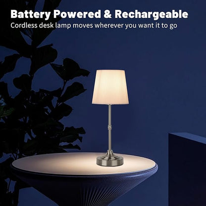 Cordless LED Table Lamp,Portables Fabric Shade Desk Lamps, 5000mAh Rechargeable Battery Powered Lighting, Dimmable Light for Dining Room, Bedroom, Bedside, Night Light, Balcony (Sliver-02)
