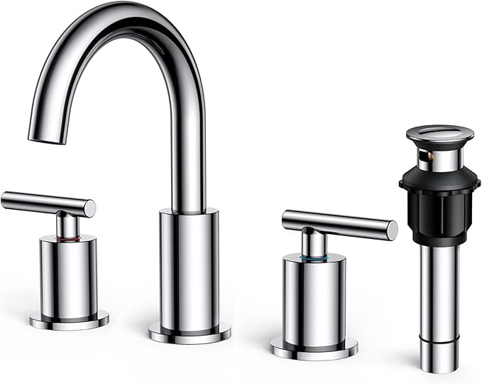 FORIOUS Chrome Bathroom Faucet 3 Hole, 8 Inch Widespread Bathroom Sink Faucet Polished Chrome 6 in with Metal Pop Up Drain and 24" Supply Line, 360 Degree Swivel Gooseneck for 3 Hole Vanity Sink RV