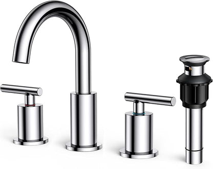 FORIOUS Chrome Bathroom Faucet 3 Hole, 8 Inch Widespread Bathroom Sink Faucet Polished Chrome 6 in with Metal Pop Up Drain and 24" Supply Line, 360 Degree Swivel Gooseneck for 3 Hole Vanity Sink RV