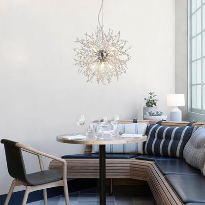 Modern Small Chandelier, 8 Lights Chrome Firework Chandelier, Dandelion Crystal Chandeliers for Entryway, Sputnik Pendant Light Fixture for Dining Room