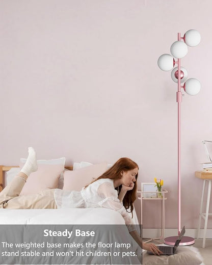 64IN Dimmable Pink Floor Lamp, Tall Standing Lamps with 5 Globe Soft Warm White Eye Care 3000K G9 Bulbs, Mid Century Modern Floor Lamp for Living Room Bedroom Office