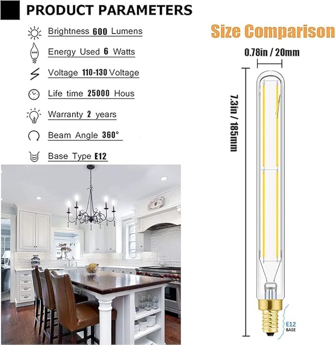 Leools E12 LED Bulb Dimmable 6W Equal 60-75 watt Light Bulb,7.3 Inch Long Led Tubular Light Bulbs,4000K Daylight AC120V 750LM T6 E12 Candelabra Bulb 60 watt for Chandeliers.6Pack