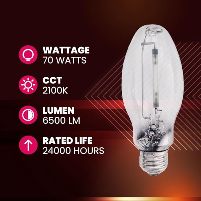 LU70/MED High Pressure Sodium Light Bulb, 70 Watts, ED17/MED, Medium Base (E26), ANSI Code S62, 6500 Lumen, 24000 Life Hours, Clear Bulb, 2100K, 2 Pack