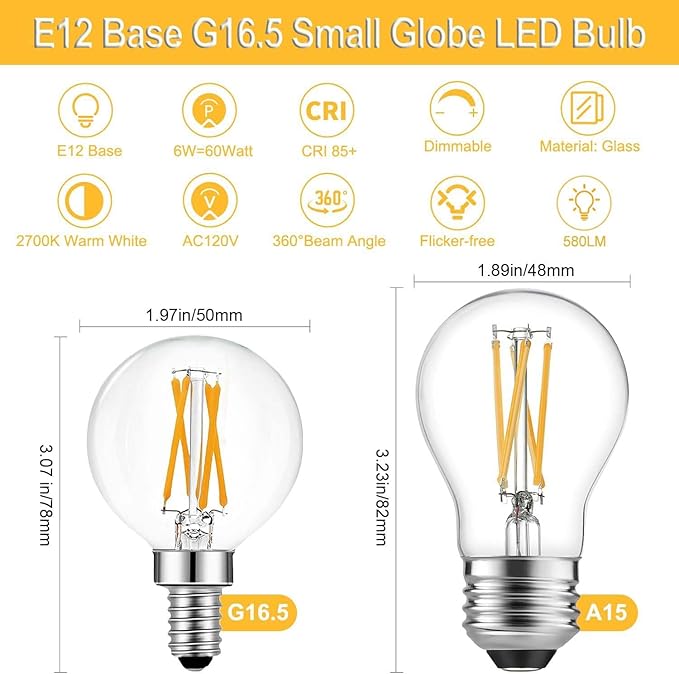 BRIMAX 10 Pack G16.5 Light Bulbs,Small Globe Bulbs Dimmable 6W E12 LED Bulbs,Equivalent 60W 580lm, 2700K Warm White,AC120V,Flicker Free for Ceiling Fans Pendant Chandelier Bathroom