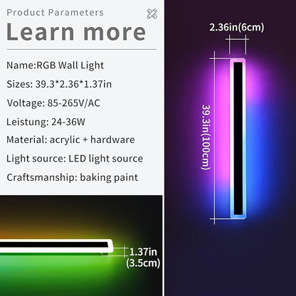 2 Pack Modern Outdoor Wall Lights, 39.3inch RGB LED Wall Sconce, IP65 Waterproof, Multi-Color Dimmable Light Fixture, Wall Mounted Lamps for Porch, Patio, Garage, House, with Remote Control