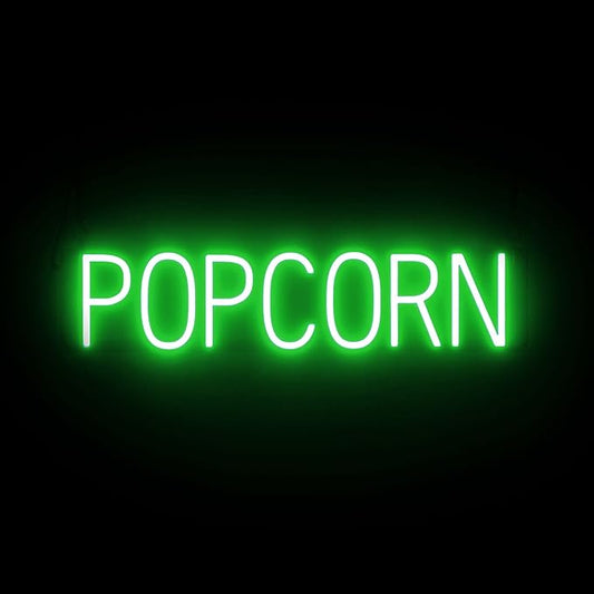 SpellBrite POPCORN Sign | Treat-Related Sign with Neon Look, Green LED Light Source | 28.1" x 6.3"