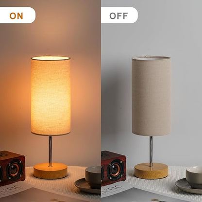Small Bedside Table Lamp for Bedroom Nightstand, Round Linen Shade and Wood Base, Rustic Minimalist Night Lamps for Dresser, Living Room, Office, College Dorm Reading, Warm Light, 5W LED Bulb Included