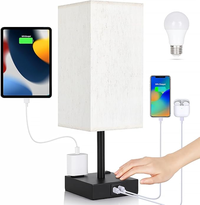 Soilsiu Bedside Table Lamp for Bedroom - Touch Small Lamp with USB C+A Charging Ports & AC Outlets, 3 Way Dimmable Nightstand Light for Living Room (LED Bulb Included, Flaxen)