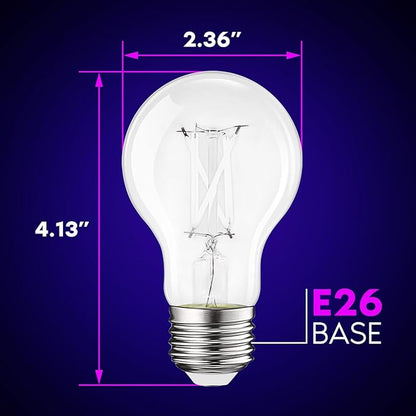 Luxrite A19 Edison UV LED Black Light Bulb, 6W Filament Blacklight Bulb, UVA 397-407nm, Enclosed Fixture Rated, E26 Base, Glow in the Dark for Halloween, Party, Body Paint, Fluorescent Poster (3 Pack)