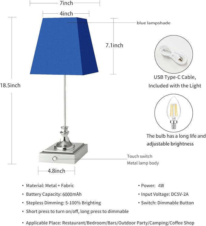 Rechargeable LED Table Lamps with Stepless Touch Control,Light Sliver Cordless Lamp for Living Room&Bedside&Patio&Shower,Small Desk Lamp(6000mAH Battery),1 Pack for Home Decor,Best Gifts for Family