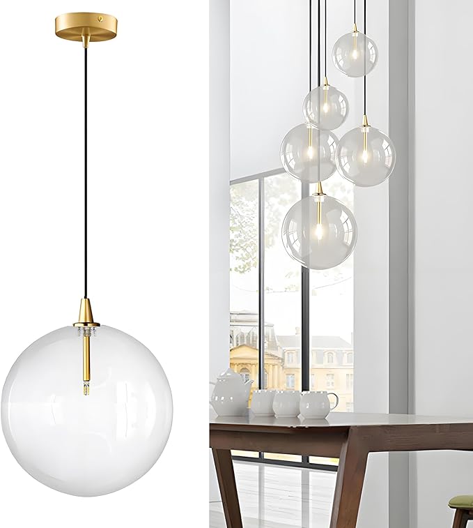 Minimalist Transparent Glass Ball Pendant Light in Gold Finish, Height Adjustable G4 LED Ceiling Haning Light for Dining Room & Living Room (30CM)