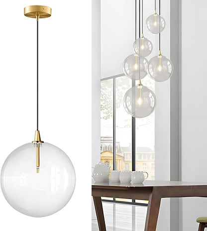 Minimalist Transparent Glass Ball Pendant Light in Gold Finish, Height Adjustable G4 LED Ceiling Haning Light for Dining Room & Living Room (30CM)