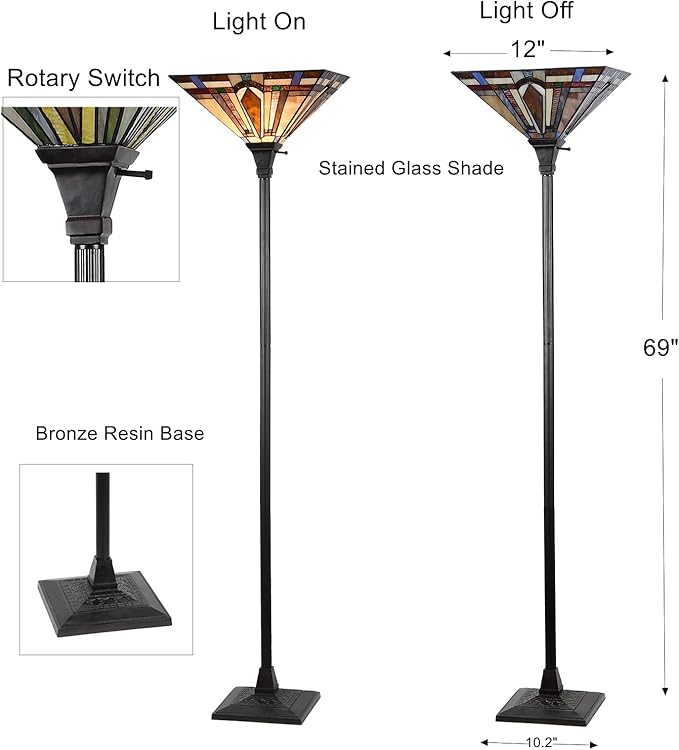 Tiffany Style Torchiere Floor Lamp Mission Stained Glass Shade 12"x 69" Tall Pole Vintage Antique Reading Light Fixture for Living Room Bedroom