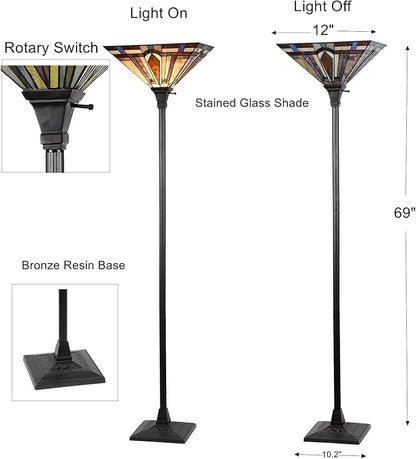 Tiffany Style Torchiere Floor Lamp Mission Stained Glass Shade 12"x 69" Tall Pole Vintage Antique Reading Light Fixture for Living Room Bedroom