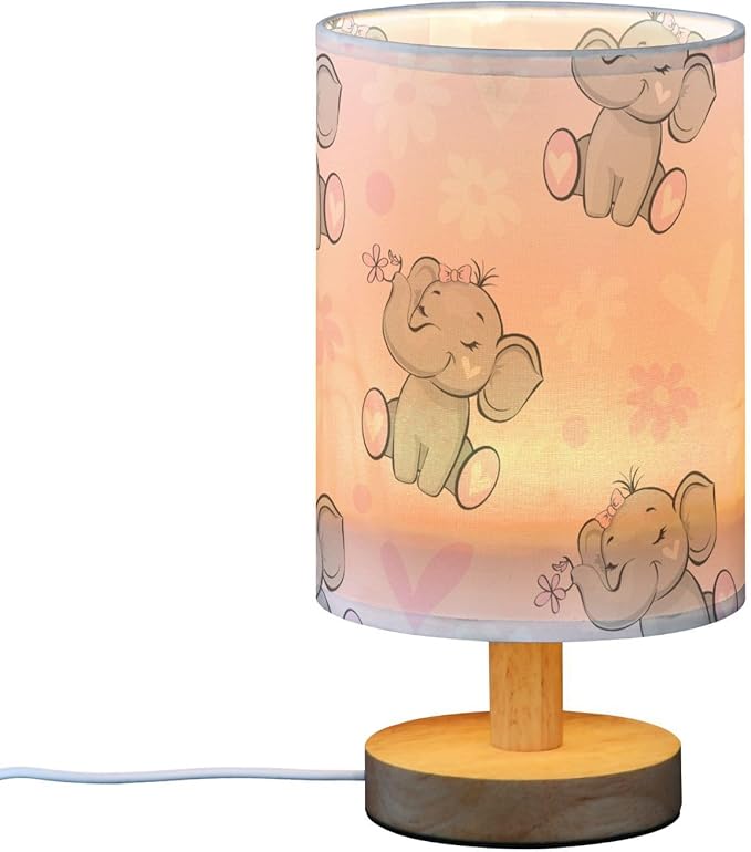 Bedside Lamp Cute Elephant Pink Flower Table Lamp for Bedroom LED Nightstand Lamp Shade USB Ports Wood Base for Living Room Dorm Office