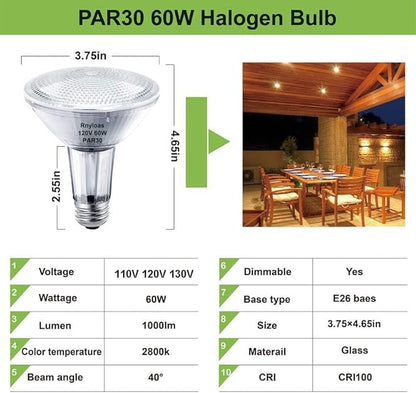 Par30 Long Neck Dimmable, 120V 60W Par30 Flood Light Bulbs 6PCS, Par30 Halogen Bulb Long Lasting, E26 Medium Base, Par30l Bulb Warm Light CRI100 for Recessed Lighting, Accent & Track Lighting