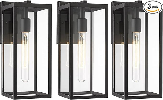 Bestshared Outdoor Wall Lights,15 Inch Exterior Wall Lanterns with Clear Glass, Anti-Rust Black Porch Lights Sconce,Weather Resistant Outdoor Lights for House, Garage, Doorway, Patio, E26 Base(3 Pack)