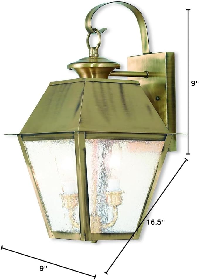 Livex Lighting 2165-01 Transitional Two Light Outdoor Wall Lantern from Mansfield Collection Finish, Antique Brass