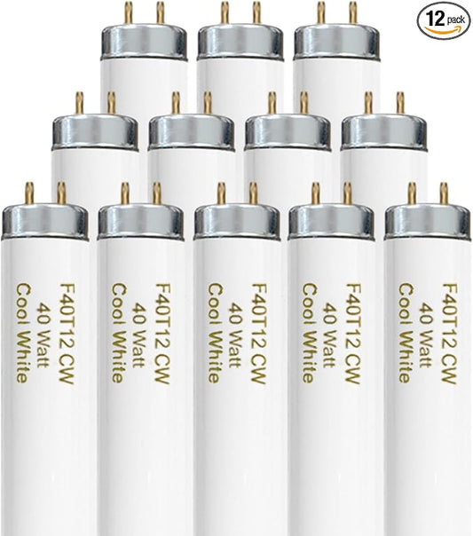 T12 48 Inches 40 Watt Fluorescent Tube, F40T12/841 Light Bulb, 4 Foot T12 Fluorescent Light Bulb, 4100K Cool White, F40T12/CW, 3250 Lumens, G13 Bi-Pin Base, 12 Pack