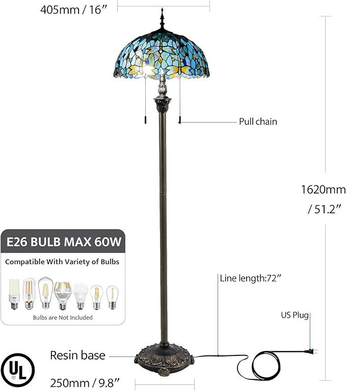 Tiffany Style Floor Lamp, 16" Stained Glass Dragonfly Shade with Antique Bronze Base, 2-Light E26 Pull Chain Standing Reading Light for Living Room, Bedroom, UL Listed, 16x16x64 Inches