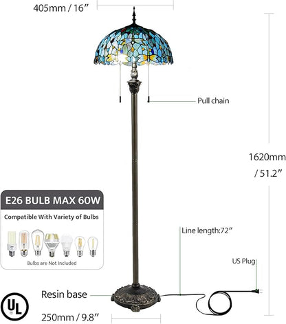 Tiffany Style Floor Lamp, 16" Stained Glass Dragonfly Shade with Antique Bronze Base, 2-Light E26 Pull Chain Standing Reading Light for Living Room, Bedroom, UL Listed, 16x16x64 Inches