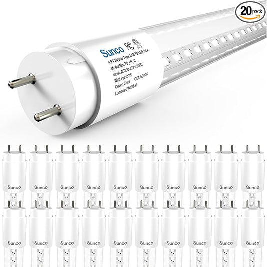 Sunco 20 Pack T8 LED Tubes 4FT Replacement for Fluorescent Bypass Ballast or Plug and Play 20W 2400 LM 5000K Daylight Ballast Compatible Single Ended or Double Ended Hybrid Type A+B Clear Lens ETL