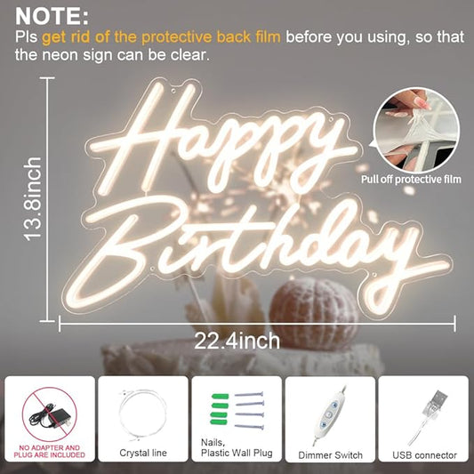 Happy Birthday Neon Sign, 22.4"x13.8" Happy Birthday Sign for Birthday Party Decor, Happy Birthday Light Up Led Signs for Backdrop, Neon Birthday Sign for Any Ages Bday Celebration, Warm White DIVATLA